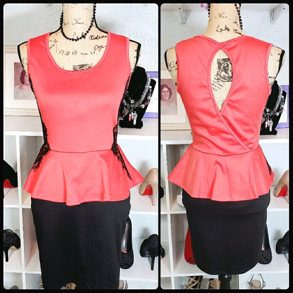 One11 Pink Black Lace Peplum Bodycon Dress Y2K Size S